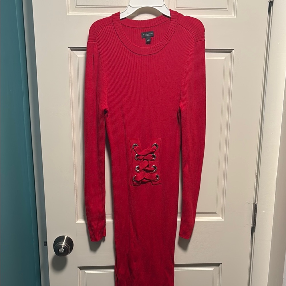 BOLD elements Red Midi Dress with Decorative Waist